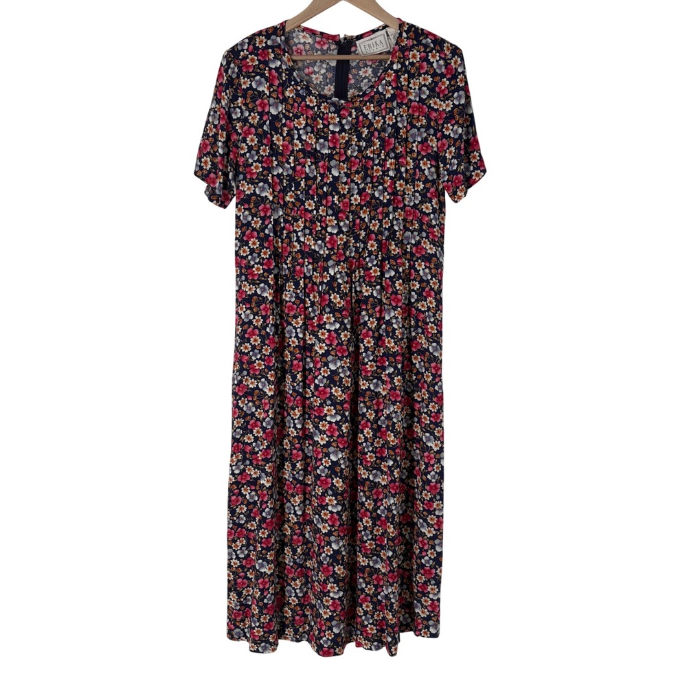 Erika Studio Vintage Cottagecore Floral Maxi Dress L Navy Short Sleeve